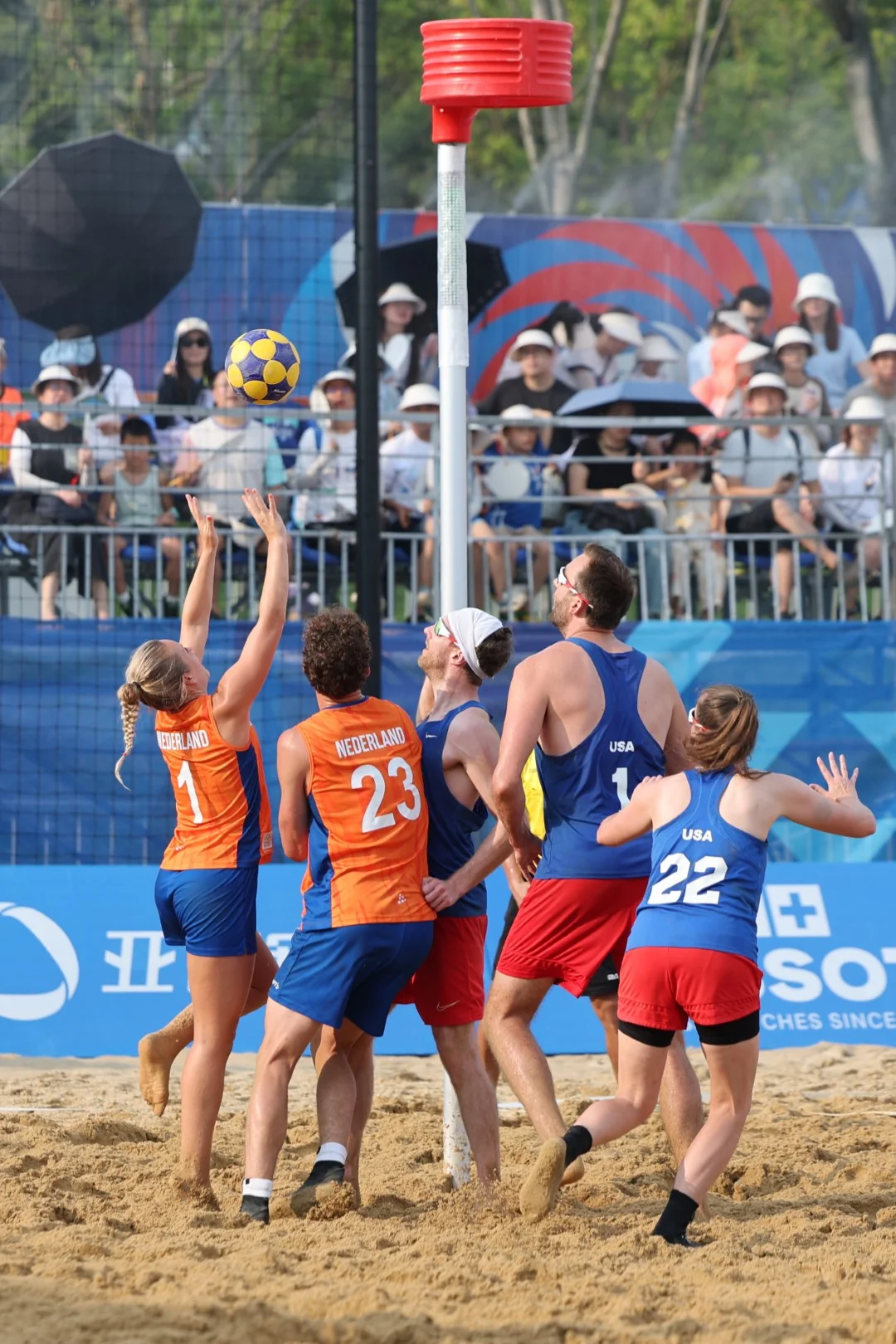 Netherlands-USA | Beach Korfball at The World Games 2025, photo by Gertrude de Vries